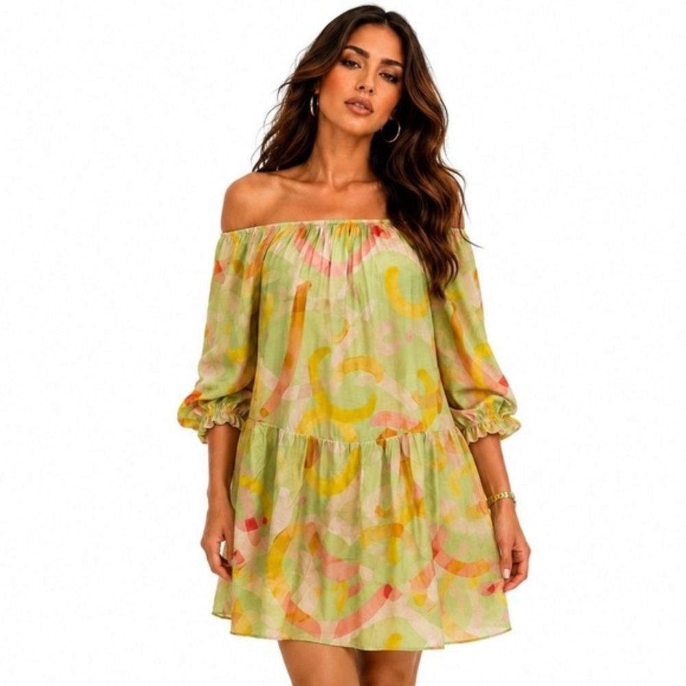 Aldo Martins Cap Juluca‎ Off Shoulder Abstract Mini Dress Green Yellow Large NWT